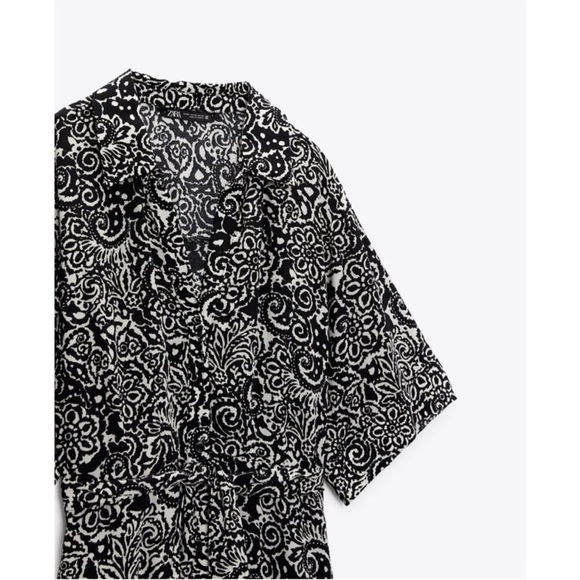 Zara Black White Printed Button Down Shirt Midi Dress V-Neck Lapel Collar Large - Picture 6 of 11